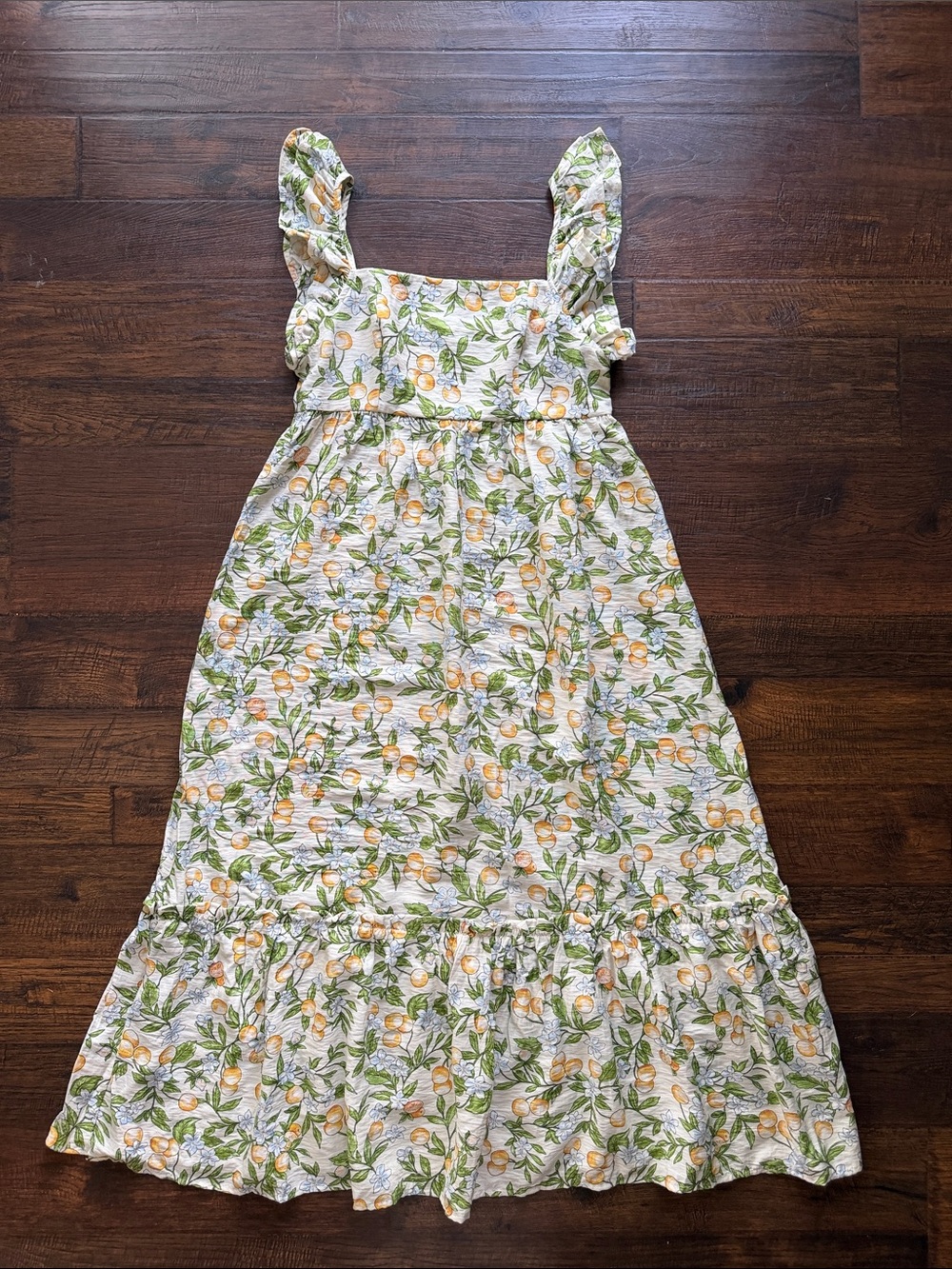 Blu Pepper White Lemon Print Maxi Dress with Green Leaves